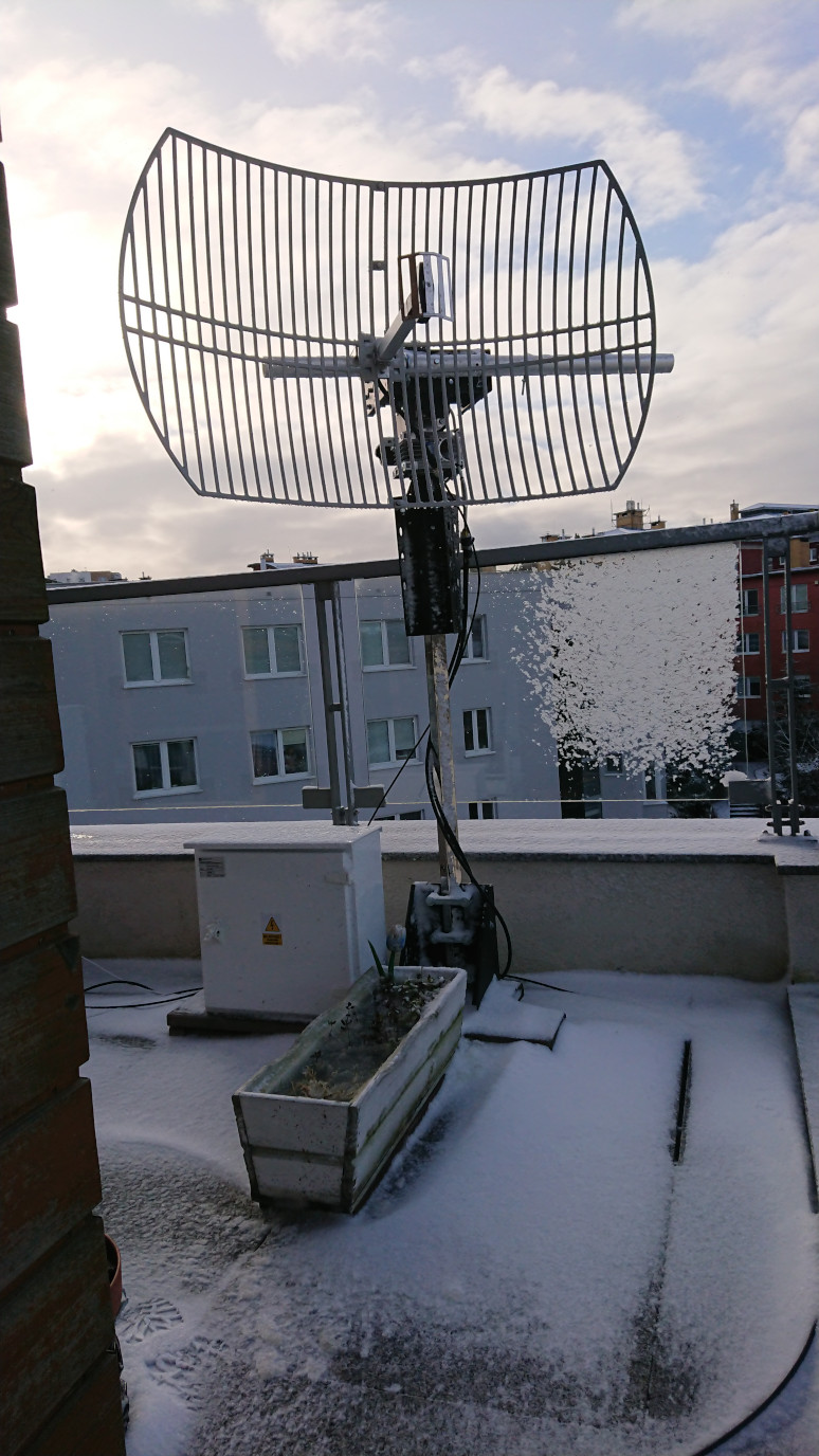 The directional grid antenna that was designed for WiFi (2.4GHz, 24dBi) that is being used to receive L-band transmissions in 1.7GHz range. Mounted on SPX-02 alt-az rotator.